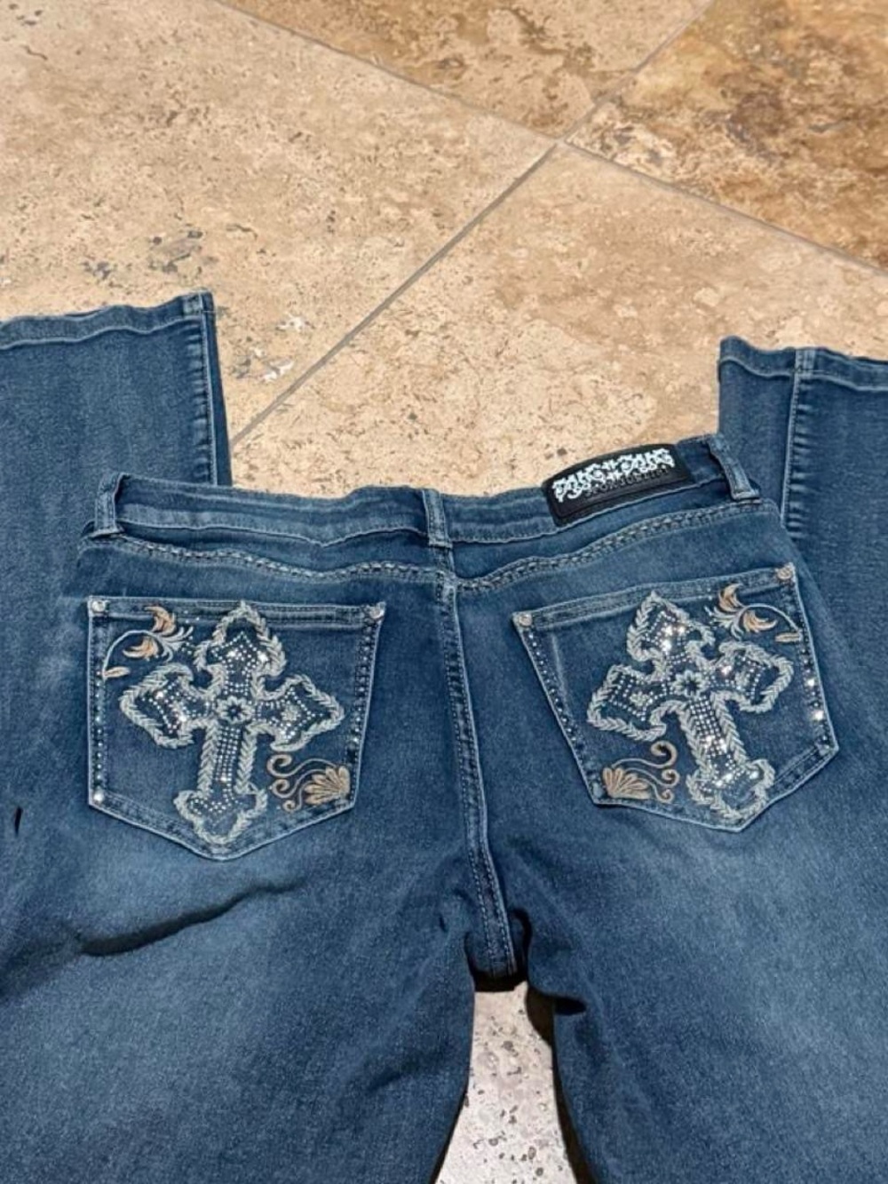J for Justify Dark Blue Bootcut Jeans with Embellished Cross Pockets
